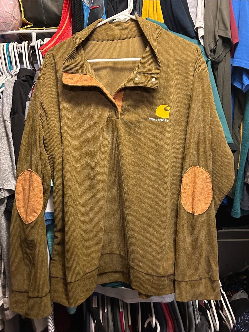 Carhartt Men's Olive Green Corduroy Half-Zip Sweater with Tan Elbow Patch size L